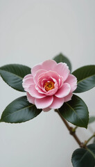 Fototapeta premium Single pink camellia flower with glossy dark green leaves, nature, floral beauty, photography