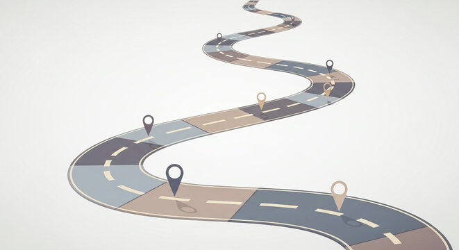 Curved Road with Location Pins Representing Journey, Planning, and Direction