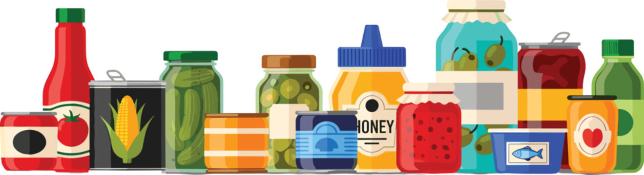 Row of Preserved Food Jars and Cans with Honey Jam Pickles Vegetables and Fish Flat Vector Illustration