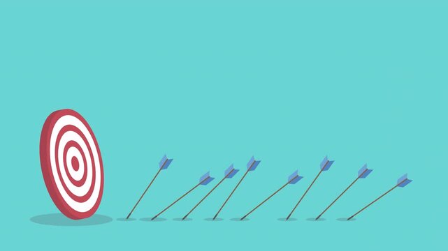 Business challenge failure and success concept. Blue arrows missed hitting target and only red one hits the center