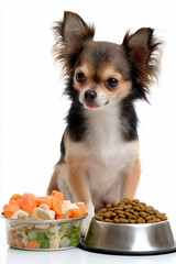チワワが手作りごはんとドライフードを前に嬉しそうな表情
