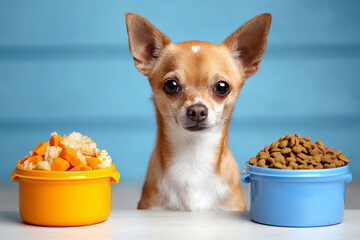 チワワが手作りごはんとドライフードを前に嬉しそうな表情
