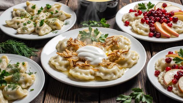 The scene features multiple plates of dumplings, showcasing various toppings like herbs and cream. The dumplings are arranged beautifully, creating a vibrant and appetizing display.
