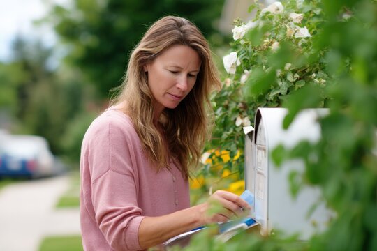 Caucasian female adult checking mailbox in garden setting