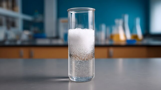 Scientific experiment in a test tube with frothing bubbles and solid particles in a laboratory setting
