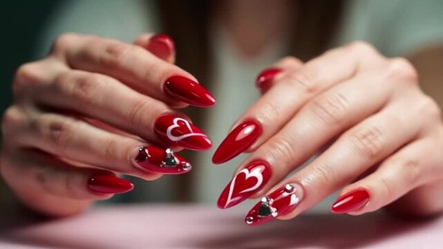 Woman showcasing beautifully manicured red nails with heart designs on a pink surface, captured in a close-up shot.
