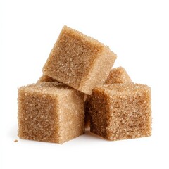 Brown sugar cubes stacked in a pyramid shape against white background