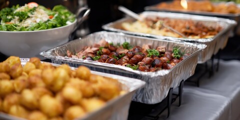 Obraz premium Gourmet buffet display with assorted hot dishes and fresh salad