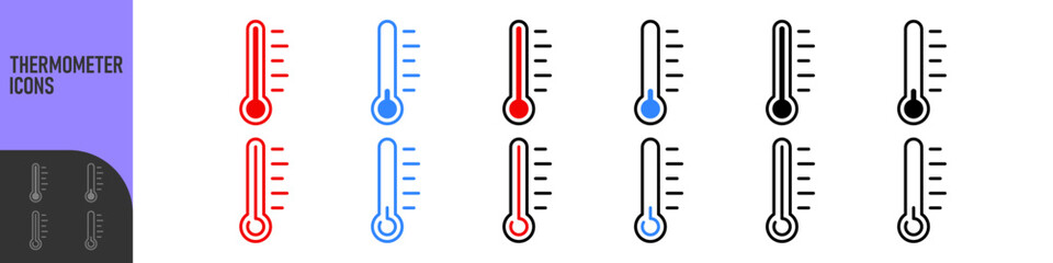 Fototapeta premium Thermometer icon set showing different temperature levels from cold to hot. Ideal for weather apps, climate concepts, temperature control, health indicators, UI design, dashboards and infographics.