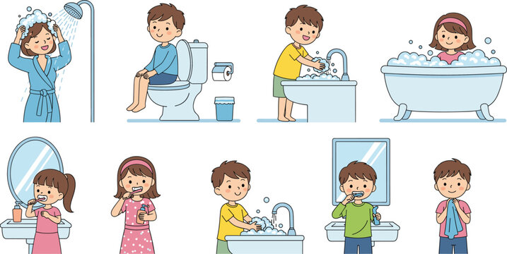 Cute kids daily hygiene routine collection with bathing, brushing teeth and washing hands cartoon vector illustration