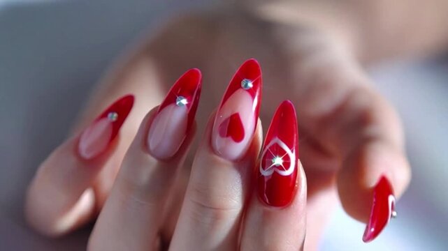 A hand showcases red and white nail art designs with intricate details and rhinestones, captured in a close-up shot