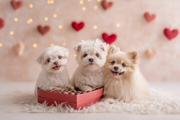 ハートに囲まれた3匹の小型犬
