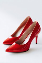 Elegant red high heel shoes on white background