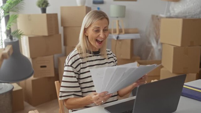 Woman holding papers and smiling with fist pump at cluttered desk surrounded by cardboard boxes in building; relief celebration success.
