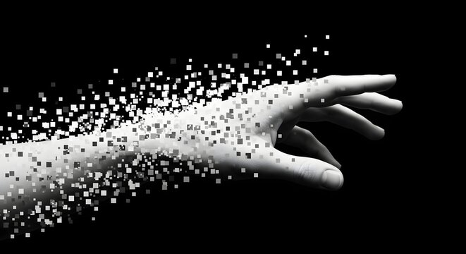 Human Hand Dissolving into Pixel Blocks in Black and White