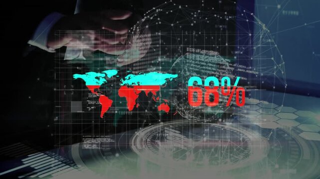 Animation of statistics and data processing over network of connections on green cityscape