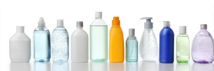 Variety of plastic bottles for personal care products on white background