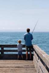 Fototapeta premium Father and son fishing on pier with ocean view