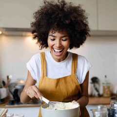 Fototapeta premium Young african female baking in kitchen with joyful expression