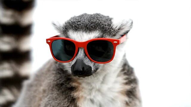 Ring tailed lemur wearing sunglasses against a white background