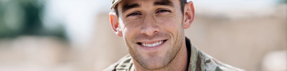 Fototapeta premium Smiling young caucasian male soldier in camouflage uniform outdoors