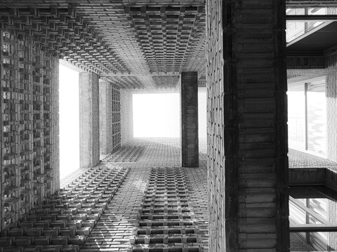 Dramatic Worm's Eye View of Architectural Detail of Textured Brickwork in Modern Urban Design 