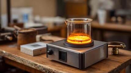 A beaker with a glowing orange substance is heated on a laboratory hot plate in a workshop