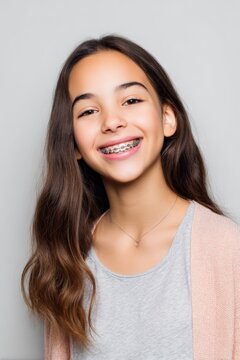 Hispanic young female smiling with braces and long hair