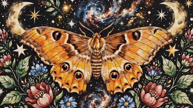 A large butterfly with orange wings is centered against a cosmic background. Stars, flowers, and swirling galaxies surround the butterfly, creating a detailed cosmic scene.