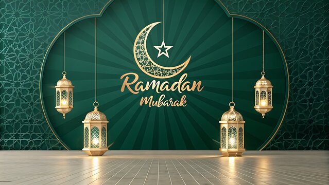 Ramadan Mubarak greeting with golden lanterns and crescent moon on dark green background