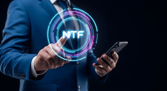 Modern Businessperson Interacting with Futuristic Digital Interface Displaying 'NTF' Technology on a Smartphone