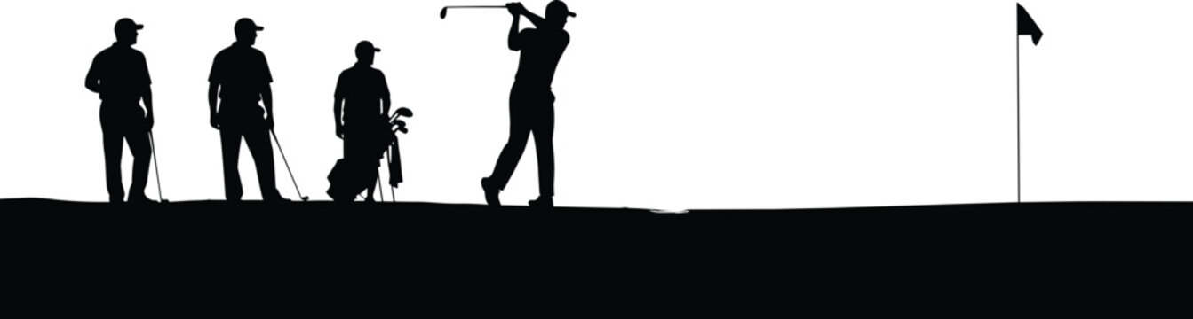 Black Silhouette of Professional Golfers Playing on a Course with One Player Swinging a Club and Others Watching Near a Flag for Sports Concept