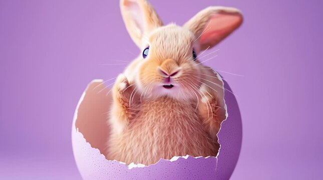 A beige rabbit peeking out of a cracked purple Easter egg on a lilac background, a concept of Easter, spring, and holiday, a place for text, and a pastel-colored studio shot.