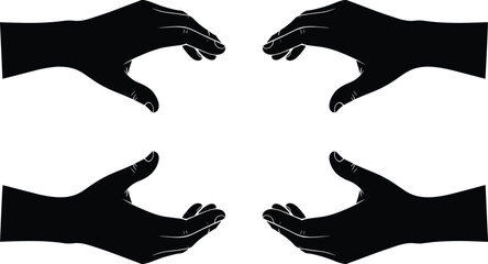 Set of Four Human Hand Silhouettes Reaching Outward and Holding Space for Conceptual Care Support Protection Community Unity and Professional Business Teamwork Graphic Elements