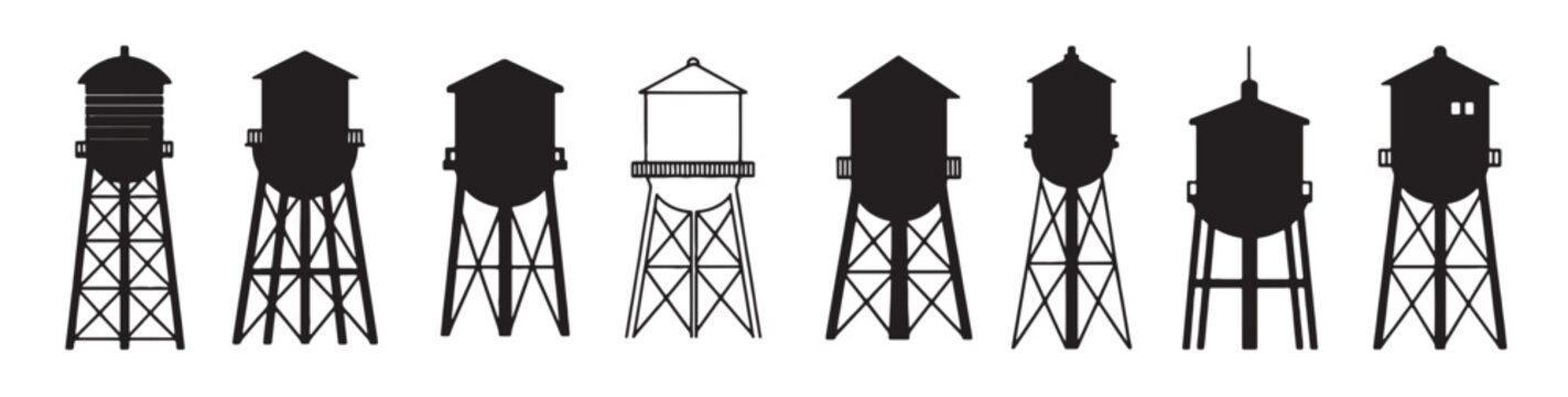 eight silhouettes of water towers various designs