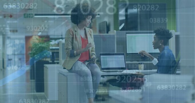 Composite image of and two girl in digital interface against financial data processing