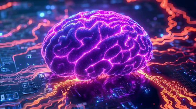 A neon-lit brain connected to electronic circuits on a circuit board, the concept of artificial intelligence, neural networks, and cyberspace.