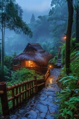 Cozy cabin in the rain surrounded by greenery in a forested area during evening hours