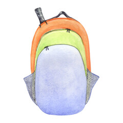 Orange blue tennis backpack with racket watercolor illustration