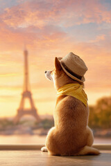 エッフェル塔と麦わら帽子の柴犬
