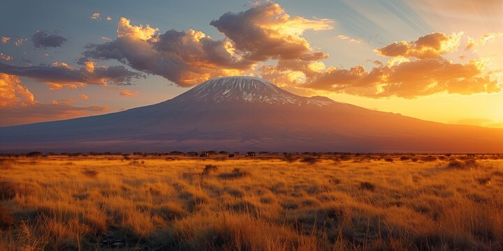 Mount Kilimanjaro at sunset with clouds and golden grass in the foreground captured from a distance in Tanzania