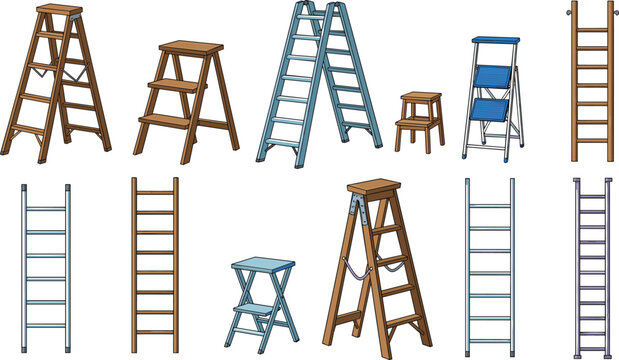 Ladder and step stool vector illustration set featuring wooden and metal climbing tools for home repair, construction, maintenance, and DIY work