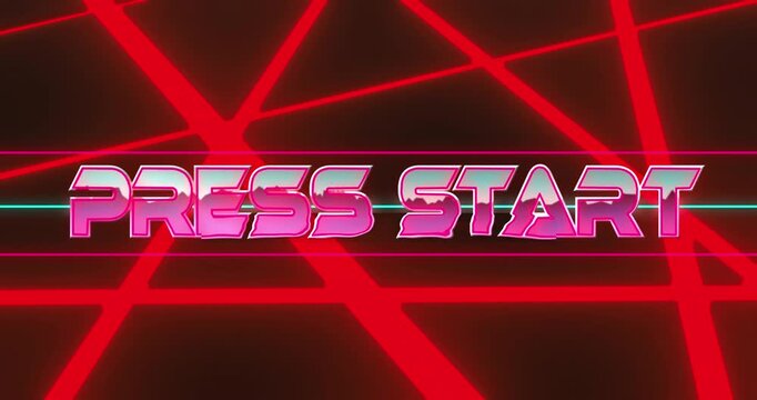 Animation of press start text banner over glowing red light trails against black background