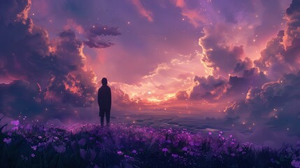 Obraz premium Stunning sunset with a person standing in a field of flowers against a colorful sky filled with clouds