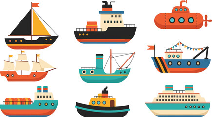 Boat and ship vector illustration set featuring cargo vessels sailboats submarines cruise liners fishing boats and maritime transport collection © Rumi