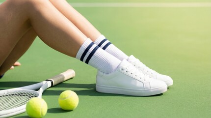 Obraz premium Woman wearing white socks and sneakers sitting on a green tennis court, relaxing after a match with her racket and tennis balls beside her, showcasing a moment of break from active sports