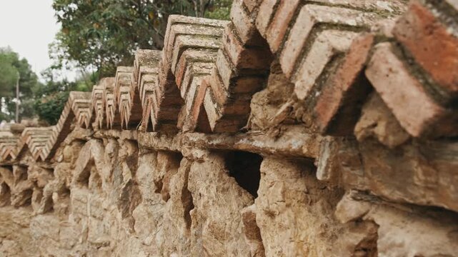 Decorative Brick Cornice With Zigzag Pattern, Rhythmic Terracotta Tiles And Mortar Joints, Close Architectural Detail Shot,