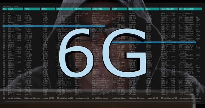 Animation of 6g text and data processing ove asian male hacker