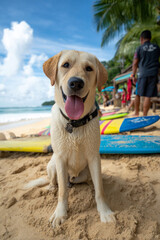 ビーチでサーフボードの前に座るラブラドール
