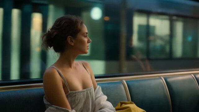 A solitary figure sits on a subway bench, enveloped in solitude, gazing through the window as the world rushes by outside, creating a striking contrast between stillness and movement. cinematic